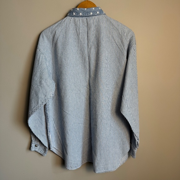 Vintage Lemon Grass Womens Striped Denim‎ Button Up Shirt Blue/White Large Train - Picture 8 of 15